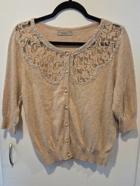 Anthropologie Darling Lace and Beaded Pearl Button Cardigan L